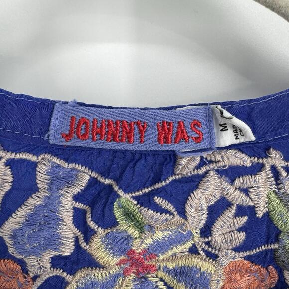 Johnny Was top medium M blue floral embroidered vegan silk boho bohemian beachy - Picture 3 of 6